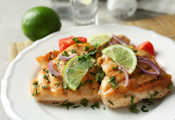 Plate of delicious tequila lime chicken, closeup