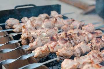 The shish kebab is fried on a brazier. Preparation of a shish kebab.