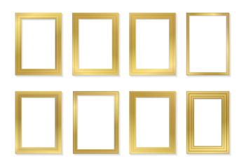 Golden frame template set for pictures and photos. Isolated vector.