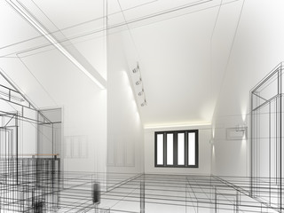 sketch design of interior space ,3d  render