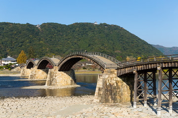Traditional Kintai Bridge in Japan, wooden arch bridge