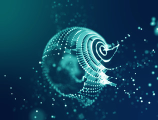 Abstract blue 3d Illuminated distorted Mesh Sphere . Neon Sign . Futuristic Technology HUD Element . Elegant Abstract Destroyed Sphere . Big data visualization .