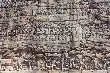 detail of stone carvings Bayon temple, Angkor wat, Cambodia