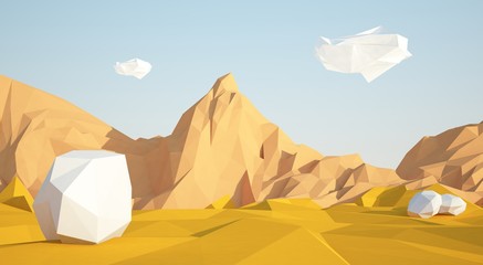 Abstract low poly background with sand desert and white stones flying in the air . Early morning sunny illustration with blue sky .