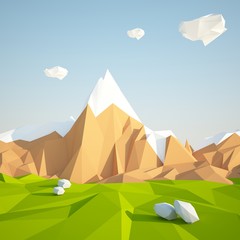 Abstract low poly background with green grass and white clouds flying in the air . Early morning sunny illustration with blue sky .