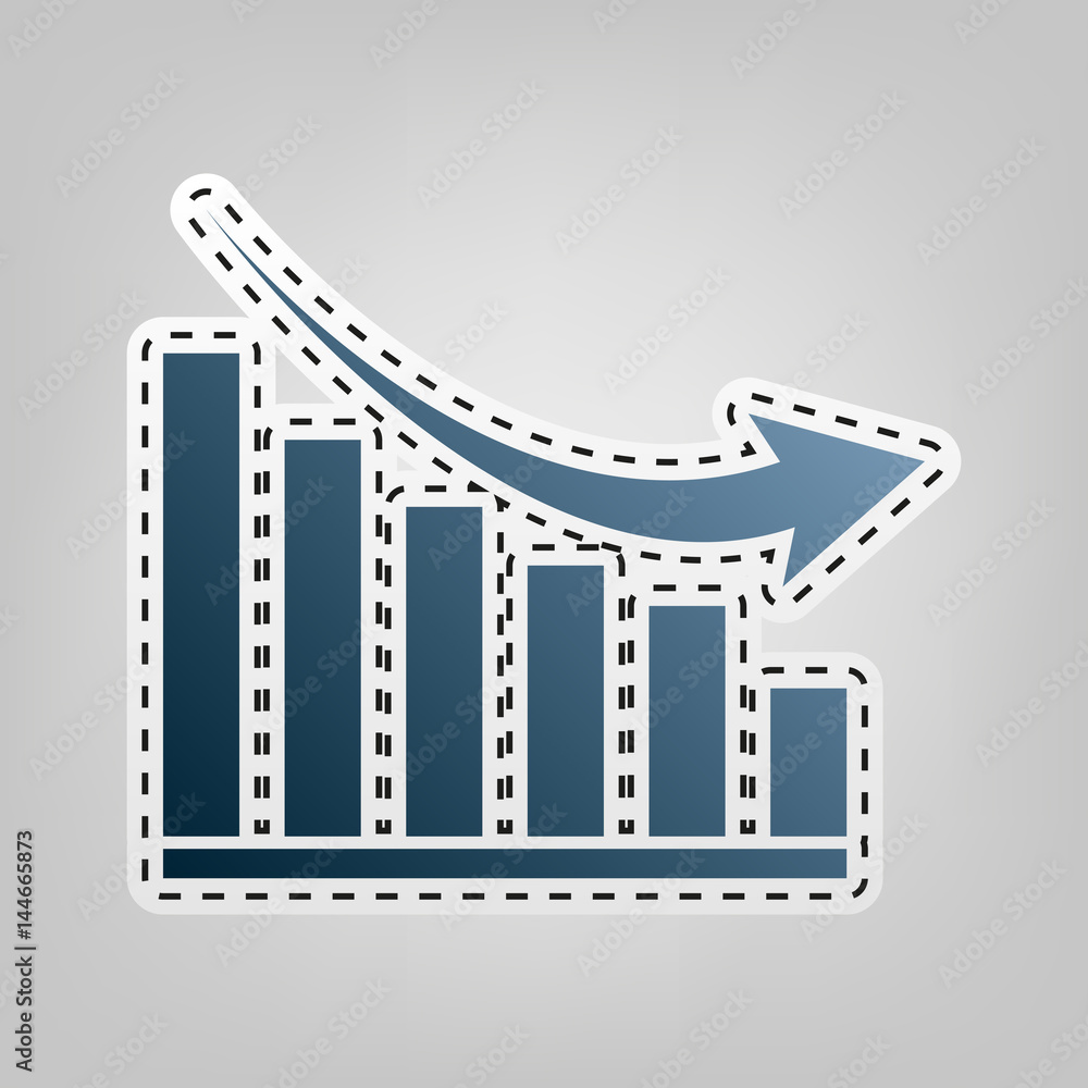 Poster declining graph sign. vector. blue icon with outline for cutting out at gray background.