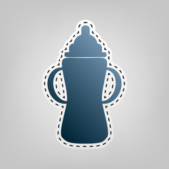 Baby bottle sign. Vector. Blue icon with outline for cutting out at gray background.