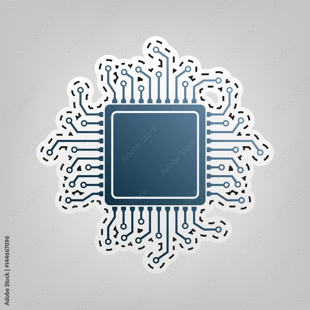 Aufkleber cpu microprocessor illustration. vector. blue icon with outline for cutting out at gray background.