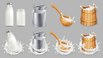 Milk can and splash. Natural dairy products. 3d vector icon set - obrazy, fototapety, plakaty
