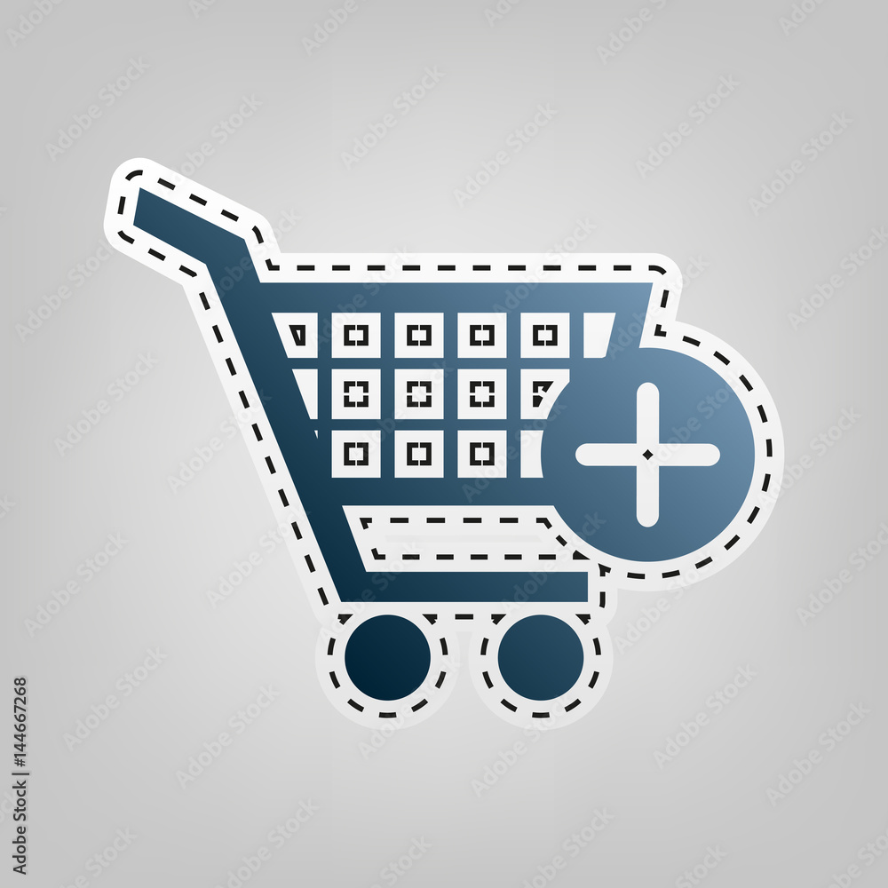 Poster shopping cart with add mark sign. vector. blue icon with outline for cutting out at gray background.