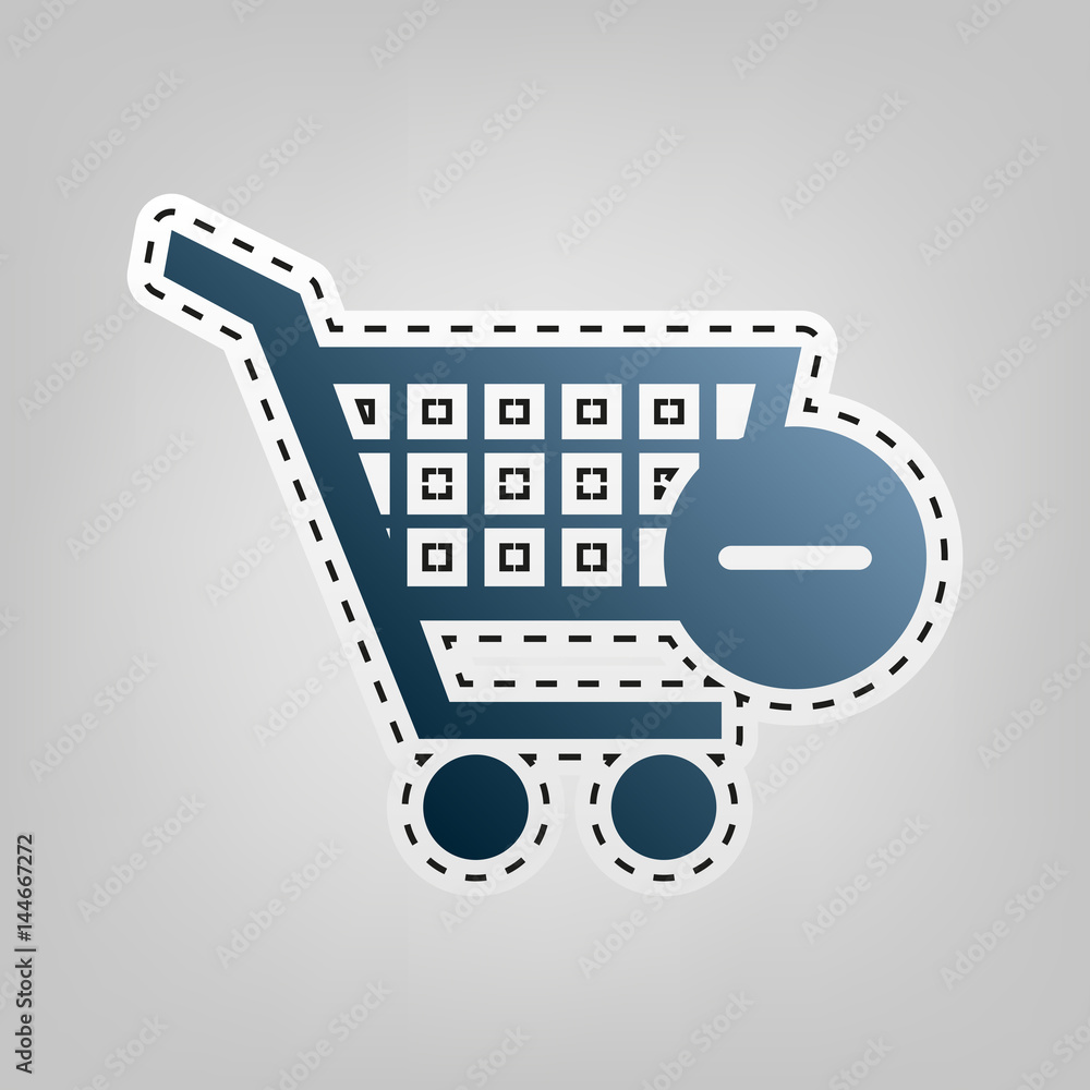 Poster vector shopping cart with remove sign. vector. blue icon with outline for cutting out at gray backgr