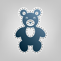 Teddy bear sign illustration. Vector. Blue icon with outline for cutting out at gray background.