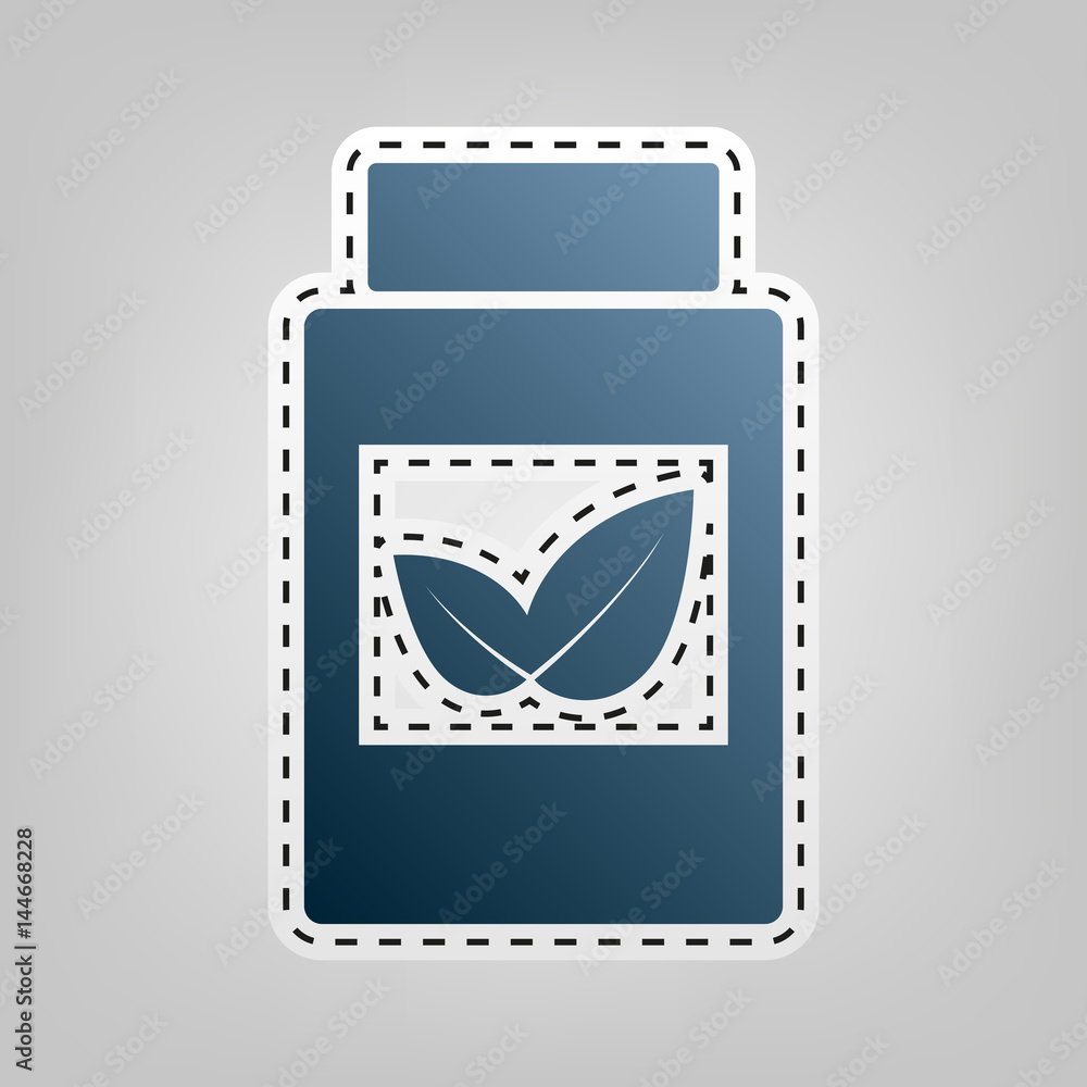 Poster supplements container sign. vector. blue icon with outline for cutting out at gray background.