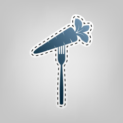 Vegetarian food sign illustration. Vector. Blue icon with outline for cutting out at gray background.