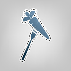 Vegetarian food sign illustration. Vector. Blue icon with outline for cutting out at gray background.
