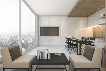 3d rendering nice view kitchen and living room on condominium