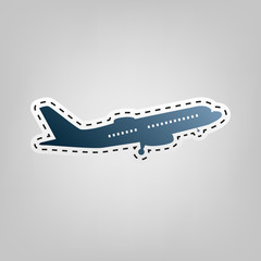Flying Plane sign. Side view. Vector. Blue icon with outline for cutting out at gray background.