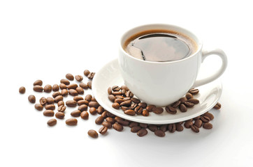 Coffee cup and saucer , coffee beans on a white background.