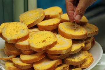 Cooking ,Crispy butter toast by chef.