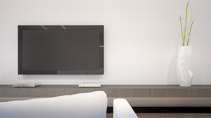 Living room with white sofa and television , 3d rendering
