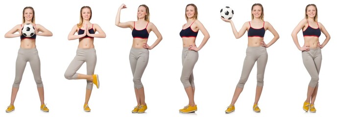Woman football player on white