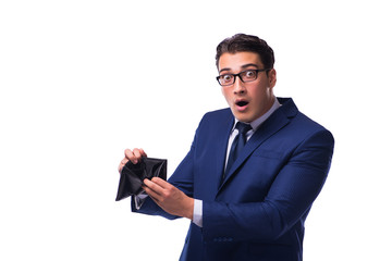 Naklejka premium Bankrupt broke businessman with empty wallet on white background