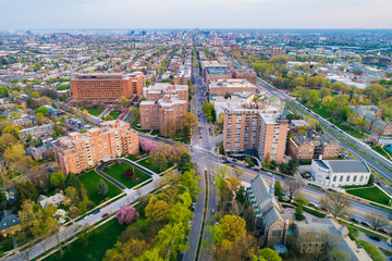 Aerial view of Guilford and Charles Village, in Baltimore, Maryland.