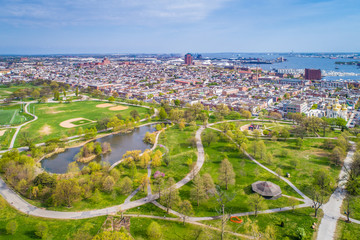 Aerial view of the pond at Patterson Park and Canton, in Baltimore, Maryland.