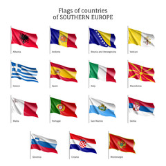 Set of waving flags of European countries: Bosnia-Herzegovina, Croatia and Macedonia, Montenegro and Portugal. 15 ensigns on flagpole of Southern Europe states. Vector isolated icons