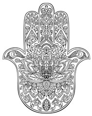 Vector illustration Indian hand drawn hamsa symbol. Coloring page in zentangle inspired style, isolated on white background. Hand drawn sketch for adult antistress coloring page
