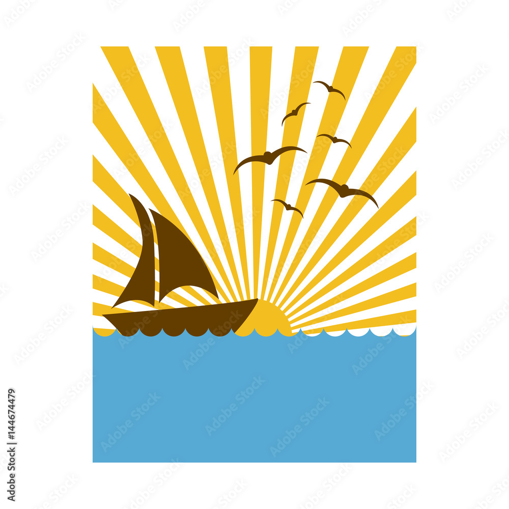 Canvas Prints colorful rectangular background sunset in the ocean with boat over waves vector illustration