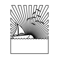 silhouette rectangular background sunset in the ocean with boat over waves vector illustration