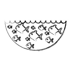 monochrome silhouette fishes in ocean with waves vector illustration