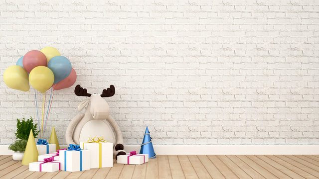 reindeer doll with gift and balloon in kid room - 3D Rendering