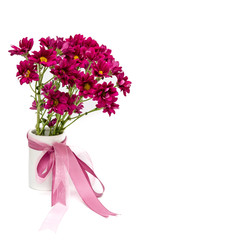 pink chrysanthemums bouquet in vase isolated on white background