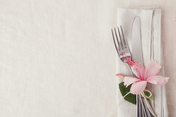 Pink Flower Table setting copy space background