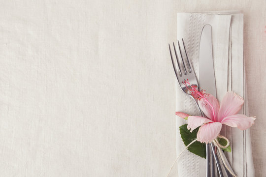 Pink Flower Table Setting Copy Space Background