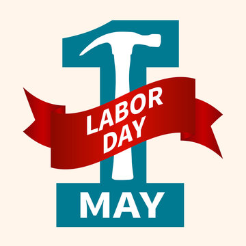 1 May. Labor Day.Vector illustration with a blue number and a red ribbon on a light background.Design elements icon label