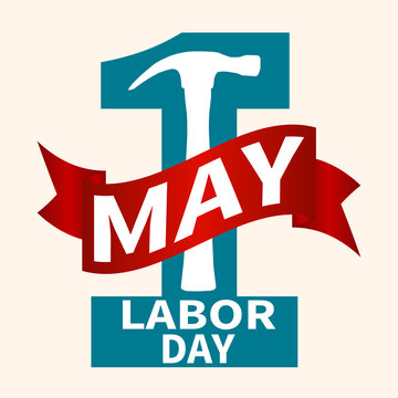 1 May. Labor Day.Vector illustration with a blue number and a red ribbon on a light background.Design elements icon label