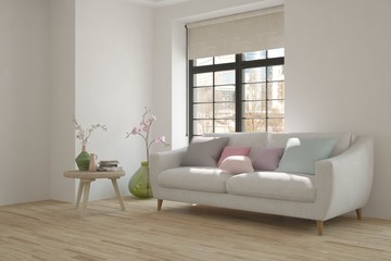 White room with sofa and winter landscape in window. Scandinavian interior design. 3D illustration