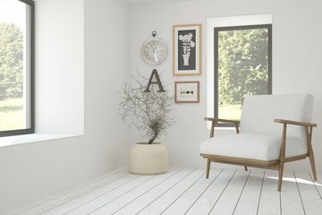 White room with armchair and green landscape in window. Scandinavian interior design. 3D illustration