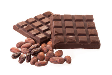 Chocolate with cacao, isolated on white background