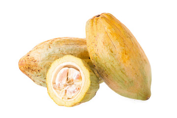 Cacao fruit, raw cacao beans, Cocoa pod on white background.