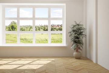 White empty room with green landscape in window. Scandinavian interior design. 3D illustration