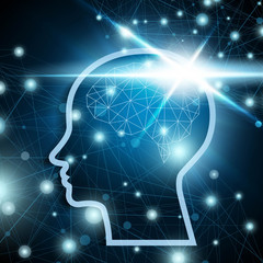 Polygonal brain with shiny light over the dark blue network connections background. Artificial intelligence concept.  Vector