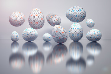 Illustration of a set of Easter eggs with subtle geometric patterns over the reflective surface  in pastel colors. Digitally generated image.