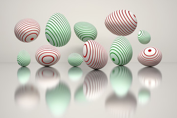 Illustration of a set of Easter eggs with red and green round grooves over the white reflective surface. Digitally generated image.