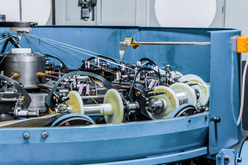 The mechanism of a braiding machine close-up.