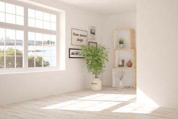 White empty room with green landscape in window. Scandinavian interior design. 3D illustration