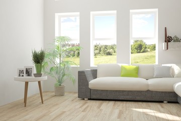 White room with sofa and green landscape in window. Scandinavian interior design. 3D illustration
